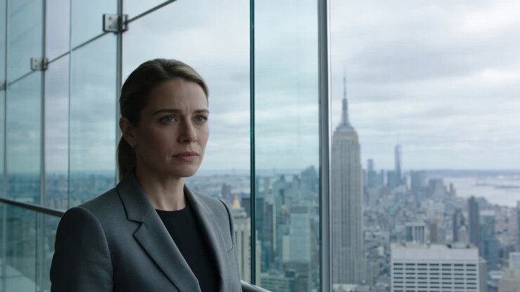 Noticing distant tower, executive in grey blazer surveying skyline from glass balcony, copy space