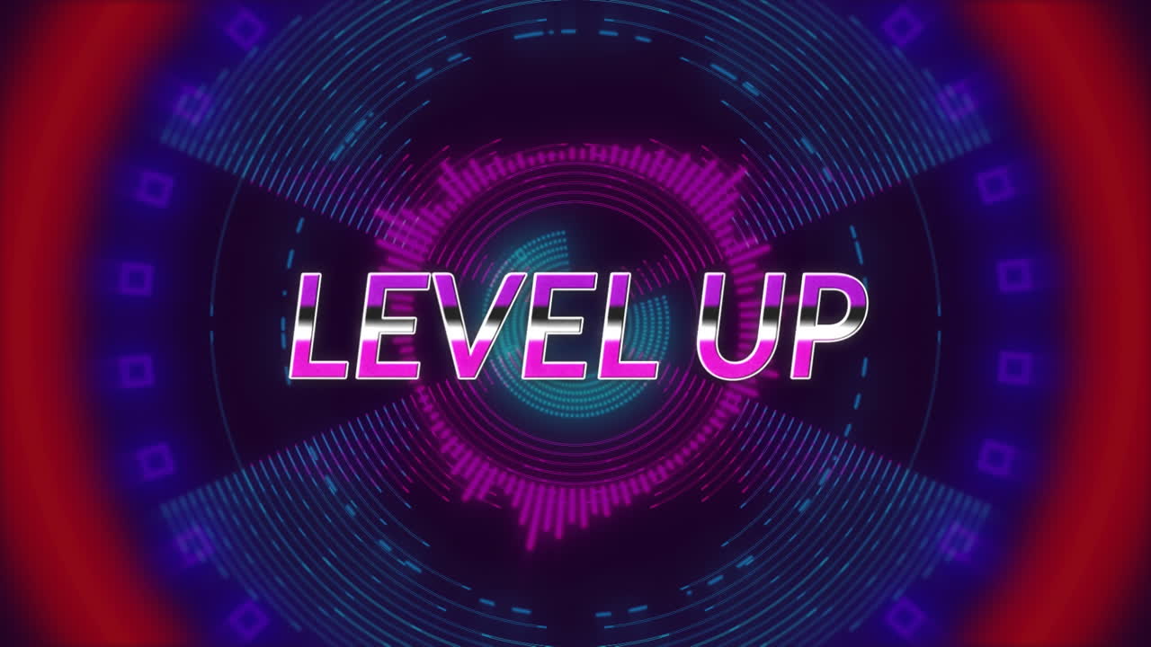 Animation of level up text over colorful moving circles on dark background