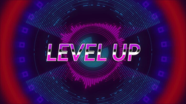 Animazione del testo 'level up' su cerchi colorati in movimento su sfondo scuro