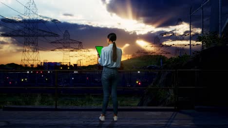 vista trasera completa del cuerpo de una trabajadora profesional asiática de pie con una tableta de pantalla verde cerca de la torre de alto voltaje, instalación industrial