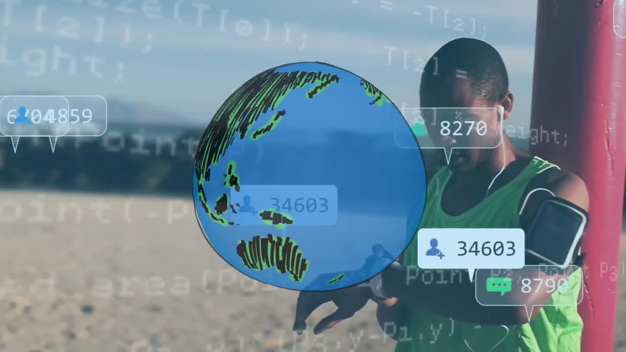 animación del globo y las burbujas de discurso de las redes sociales sobre el deportista que revisa el reloj inteligente