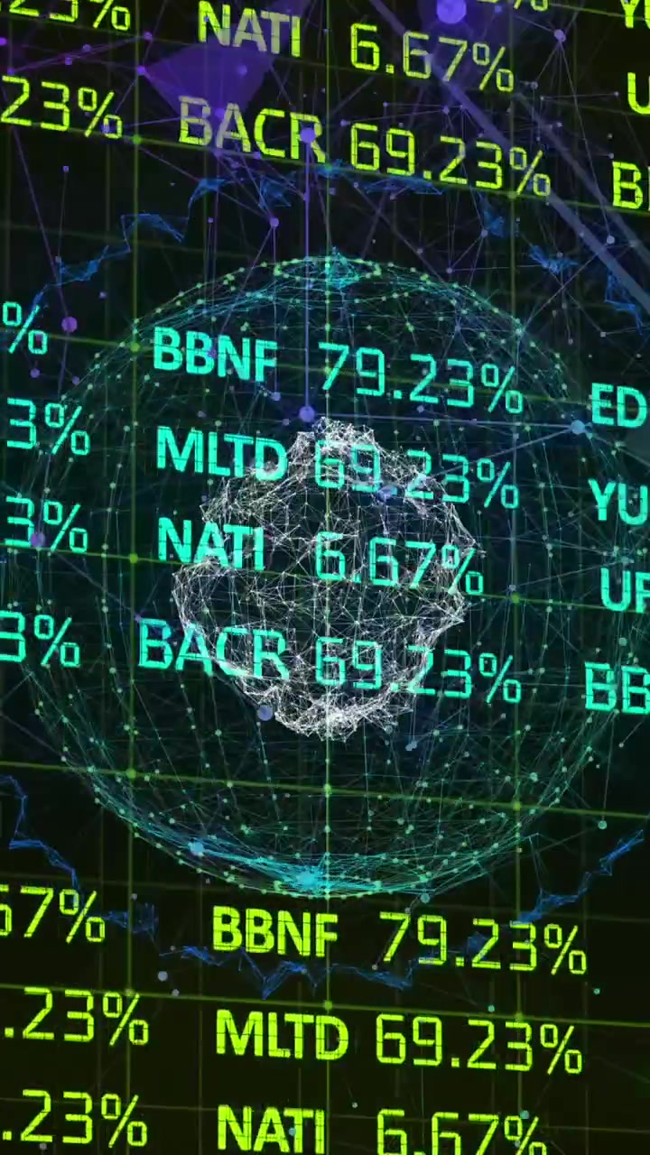 Animazione di elaborazione dati finanziari su globo e connessioni.