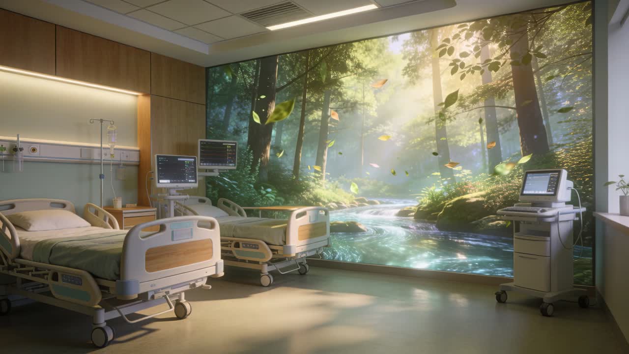 Mural animado ondulante projetando folhas flutuantes em monitores de leitos de quartos de pacientes para terapia