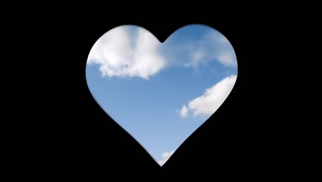 animation of cloudy sky background over heart shapes hole in black surface