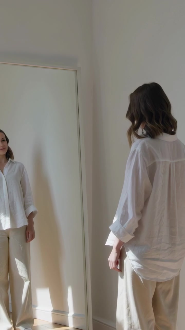 Video verticale: Donna davanti allo specchio che si sposta, studiando il suo riflesso nell'angolo della stanza, in camicetta bianca.
