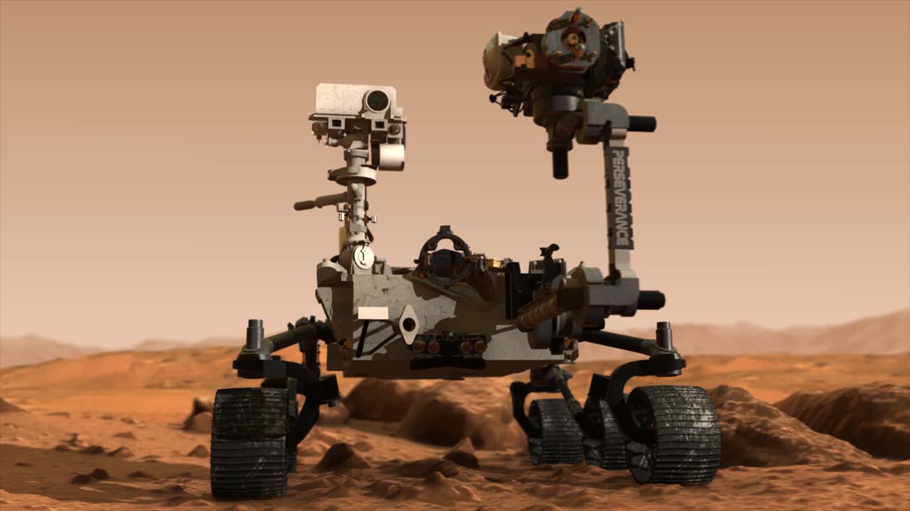Erittäin fotorealistinen 3D-CGI-animoitu renderöinti Mars Perseverance -kulkijan sulavasta kiertorataotoksesta, paikallaan Mars-planeetan kivisellä pinnalla.