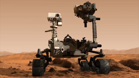 representación animada cgi 3d altamente fotorrealista de una toma en órbita suave del rover perseverance de marte, estacionario en la superficie rocosa del planeta marte