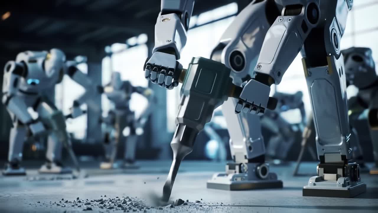 Advanced Robotics in Action: Futuristic Machines Engaged in Precision Drilling Tasks within a High-tech Industrial Environment