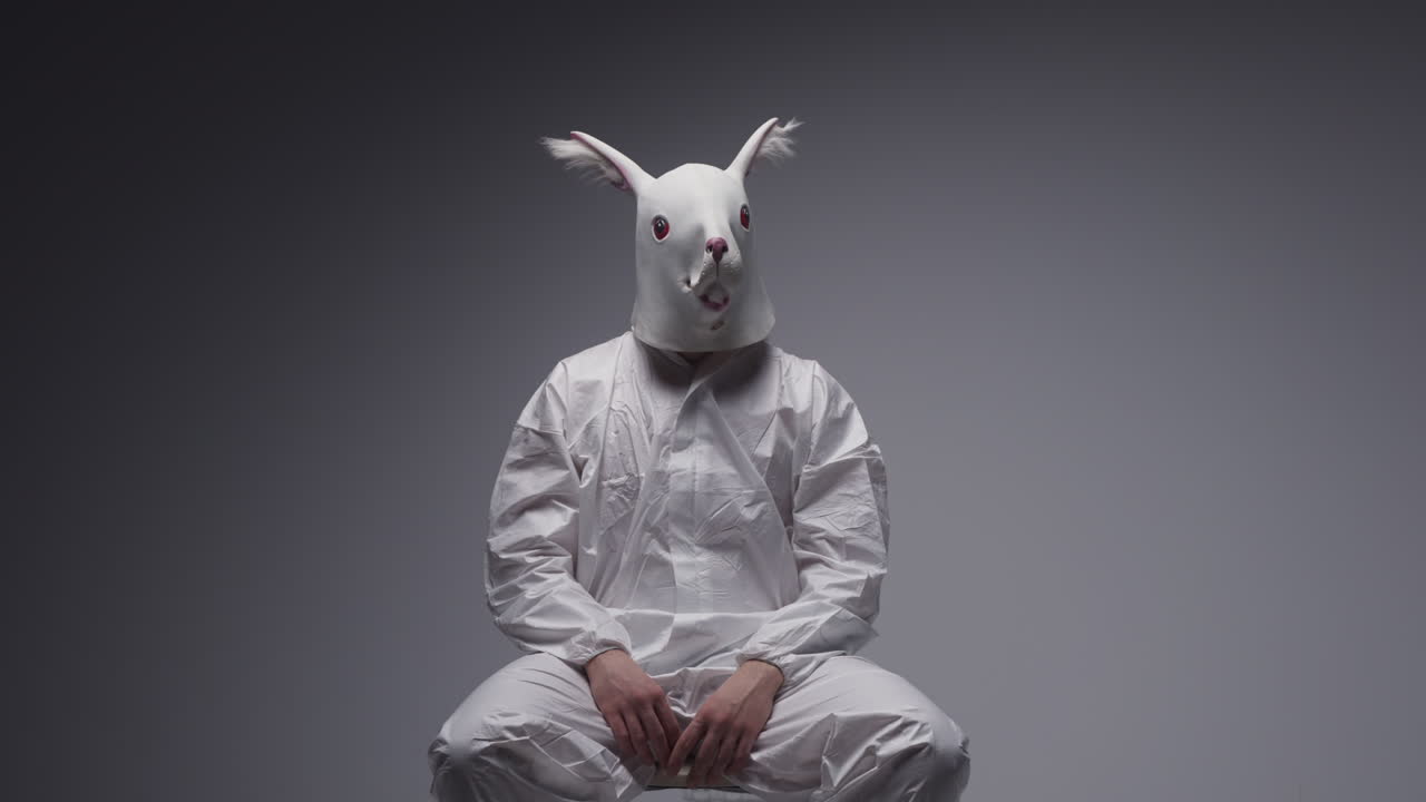Person in Rabbit Mask and White Suit