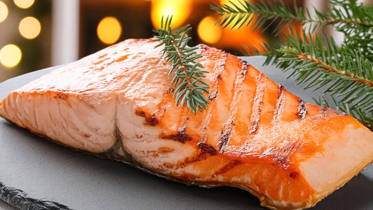 Filetto di salmone grigliato su un piatto di pietra nera