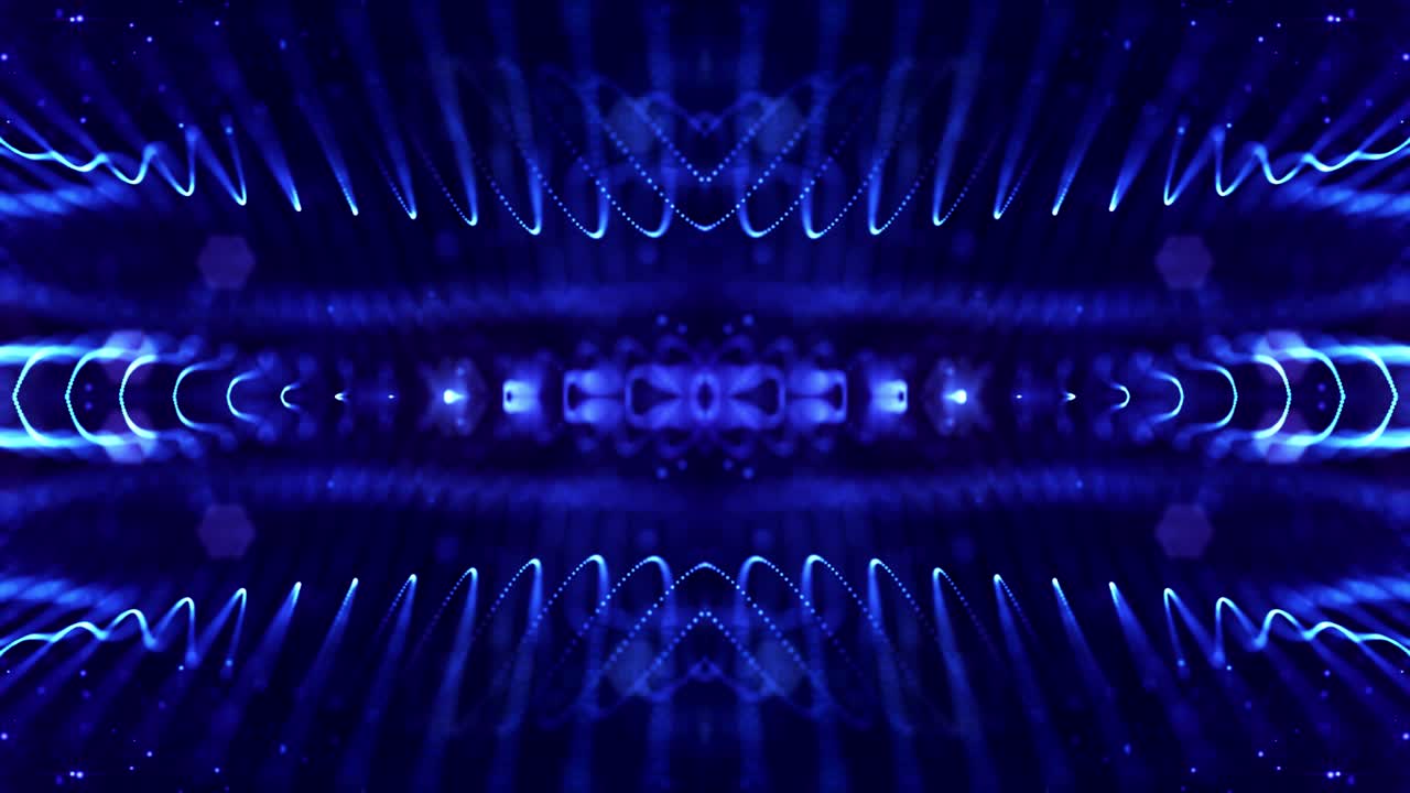 4k looped sci-fi 3d abstract animation. Glow blue particles form lines, symmetrical structures like in microworld or cosmic space. For holiday presentations, ceremonies as vj loop motion design