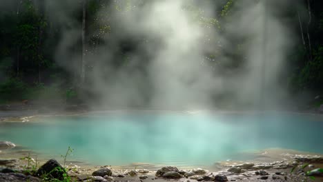 a serene hot spring landscape captured in foggy atmosphere, showcasing the calming waters and surrounding lush greenery in a peaceful natural setting