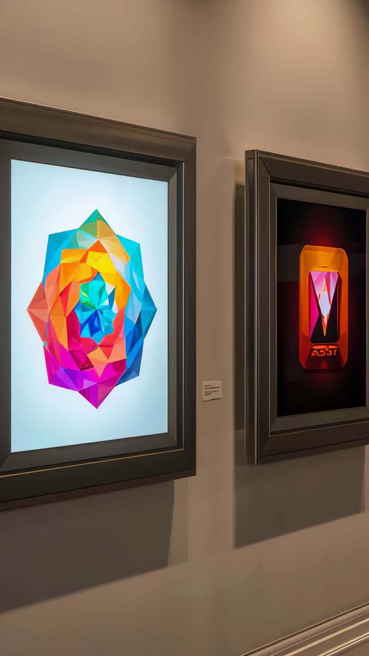 Vertical video: Pan starting camera showing two framed artworks on gallery wall to view with labels