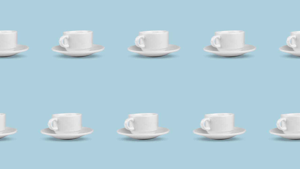many empty white coffee cups animated on a pastel blue background. seamless looping pattern with realistic 3d food and drink concept. minimal motion design art