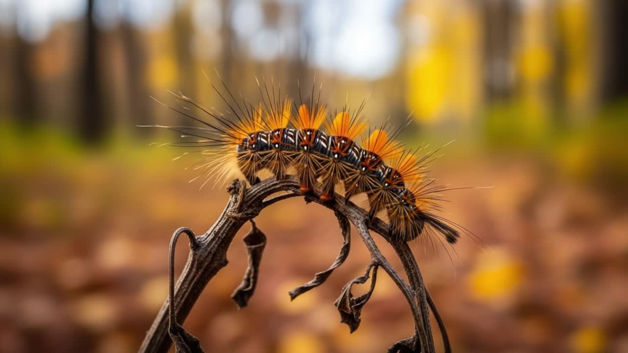 Transformative Journey: A Close-Up View of a Vibrantly Colored Caterpillar on a Twisted Branch Amidst Lush Autumn Leaves