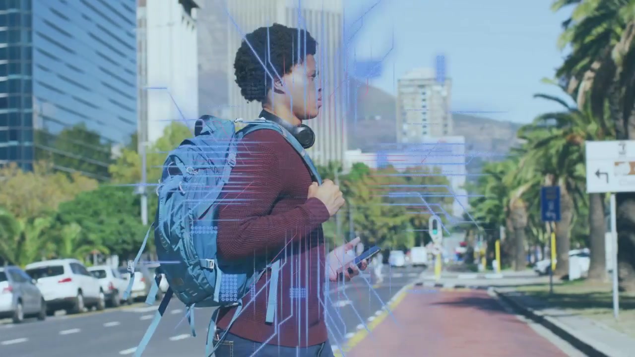 Man standing at curb consulting smartphone, generating AR circuit overlays visualizing transit data