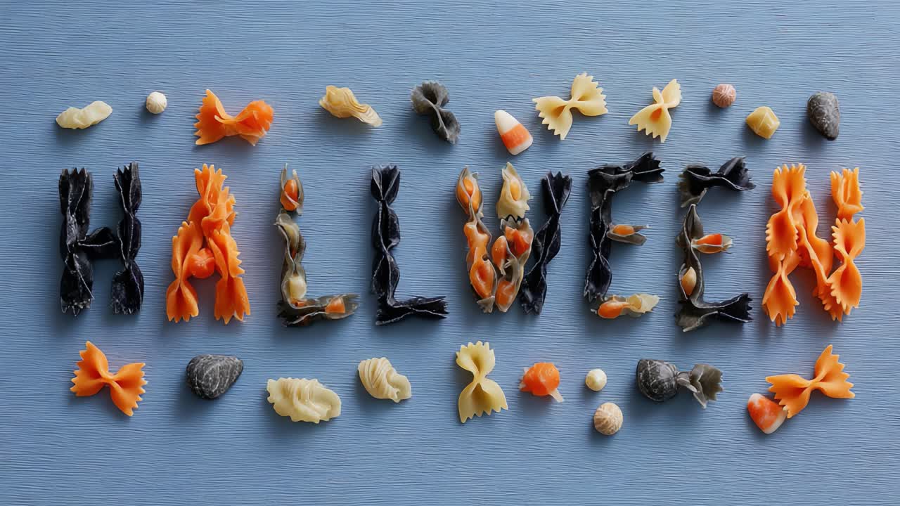 Halloween lettering made from various types of colorful Italian pasta like farfalle and conchiglie, creatively arranged on a blue textured background for a festive and spooky food concept