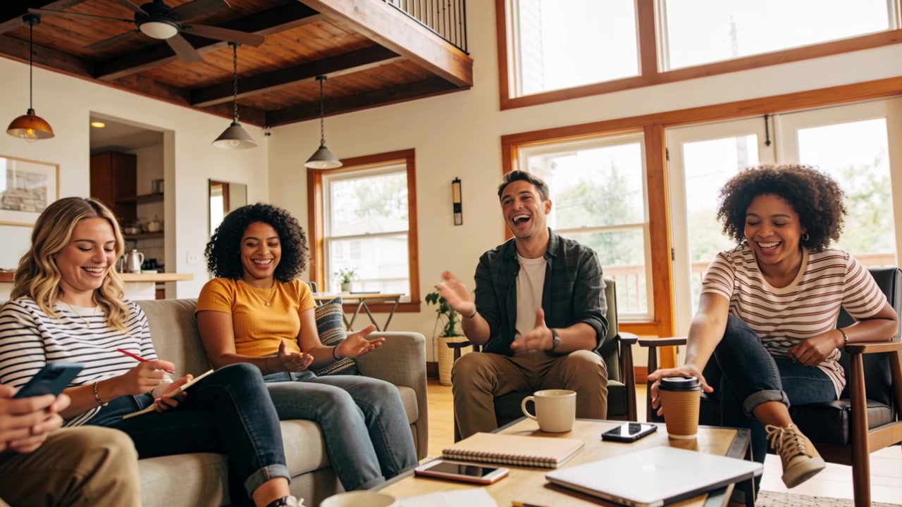 Starting to speak, center man leading casual team discussion in bright living room, notebooks, mugs