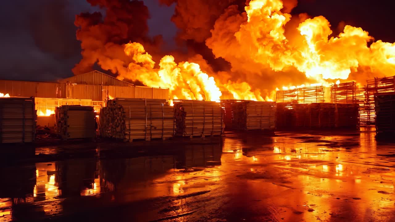 큰 화재가 밤에 창고에서 불타고 있습니다.
