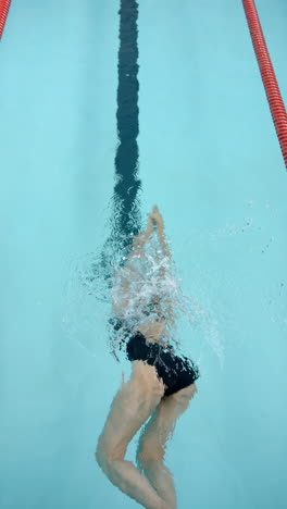 vertical video: swimming in pool, athlete performing backstroke during swim training session