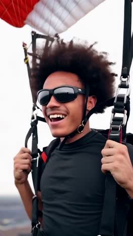 afro youth skydiving, smiling and surprised by the experience.