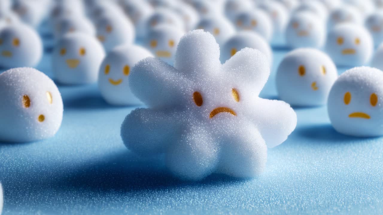 A Distressed Snowflake Surrounded by Expressionless Snowballs: A Visual Metaphor for Isolation and Emotion in a Sea of Indifference