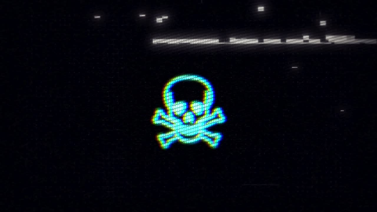 Glitchy skull and crossbones symbol on screen indicating digital threat