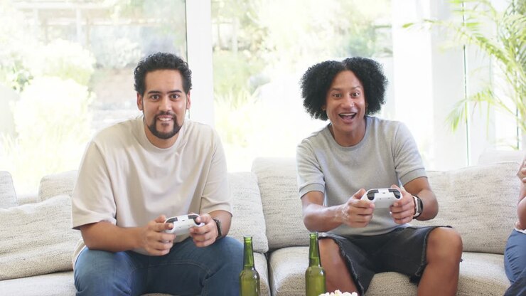 Adult African American men gaming on gray couch holding white controllers, reacting to in-game win