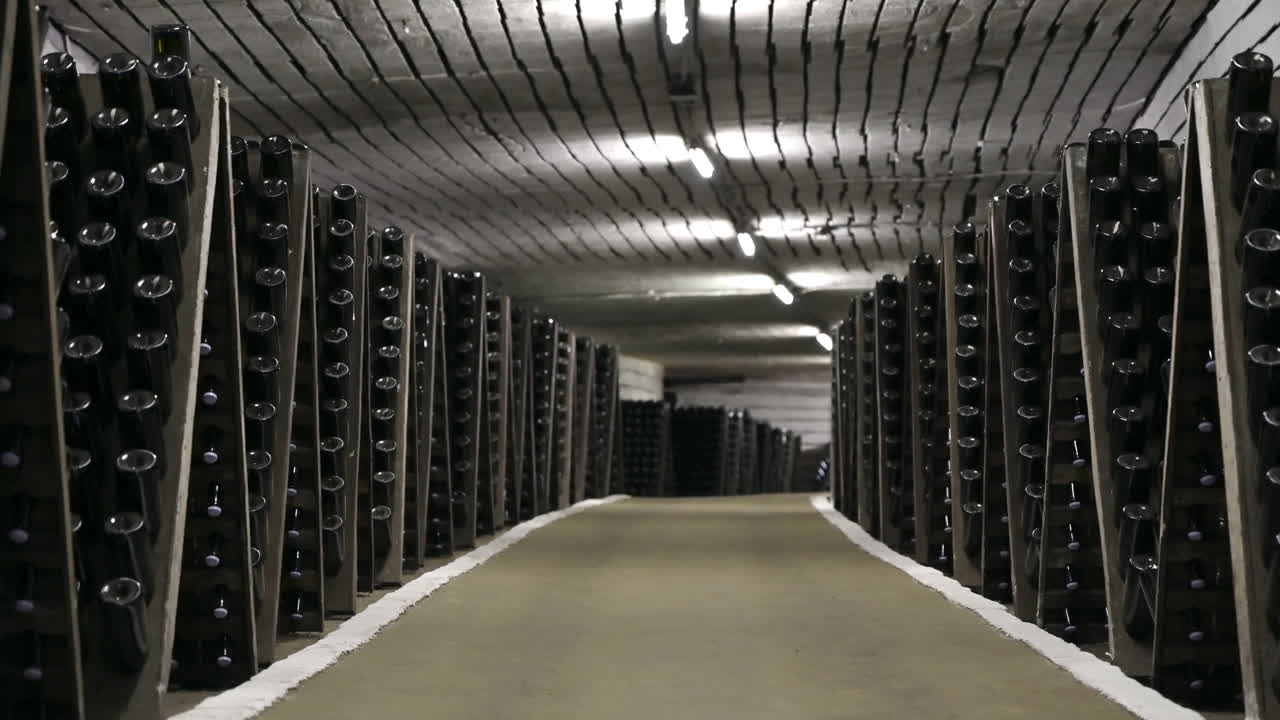 Wine bottles in a winery cellar underground