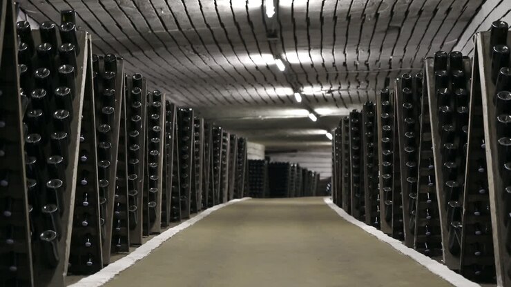 Wine bottles in a winery cellar underground