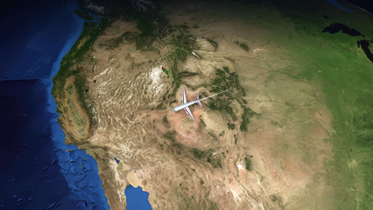 Commercial airplane flies across a 3D globe from Toronto to Sydney with satellite imagery