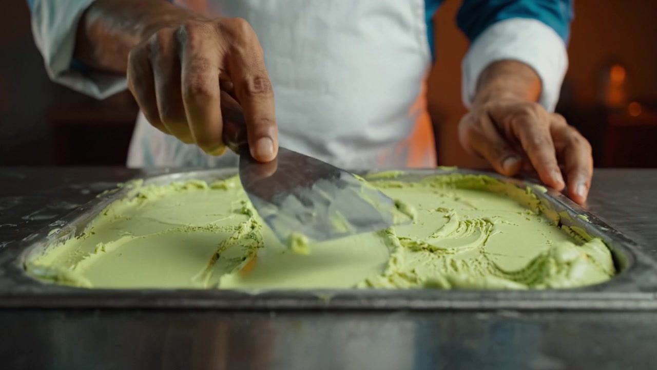 La Creazione del Dolce Perfetto: Un Artigiano Esperto che Rifinisce con Precisione un Dessert Verde Liscio e Cremoso in un Ambiente Cucina Illuminato Caldamente