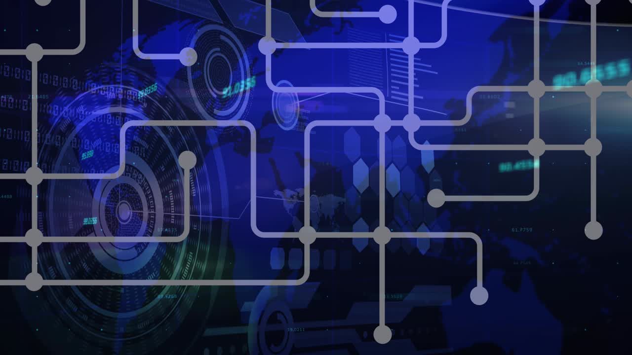 Animation of network of connections, data processing and digital icons
