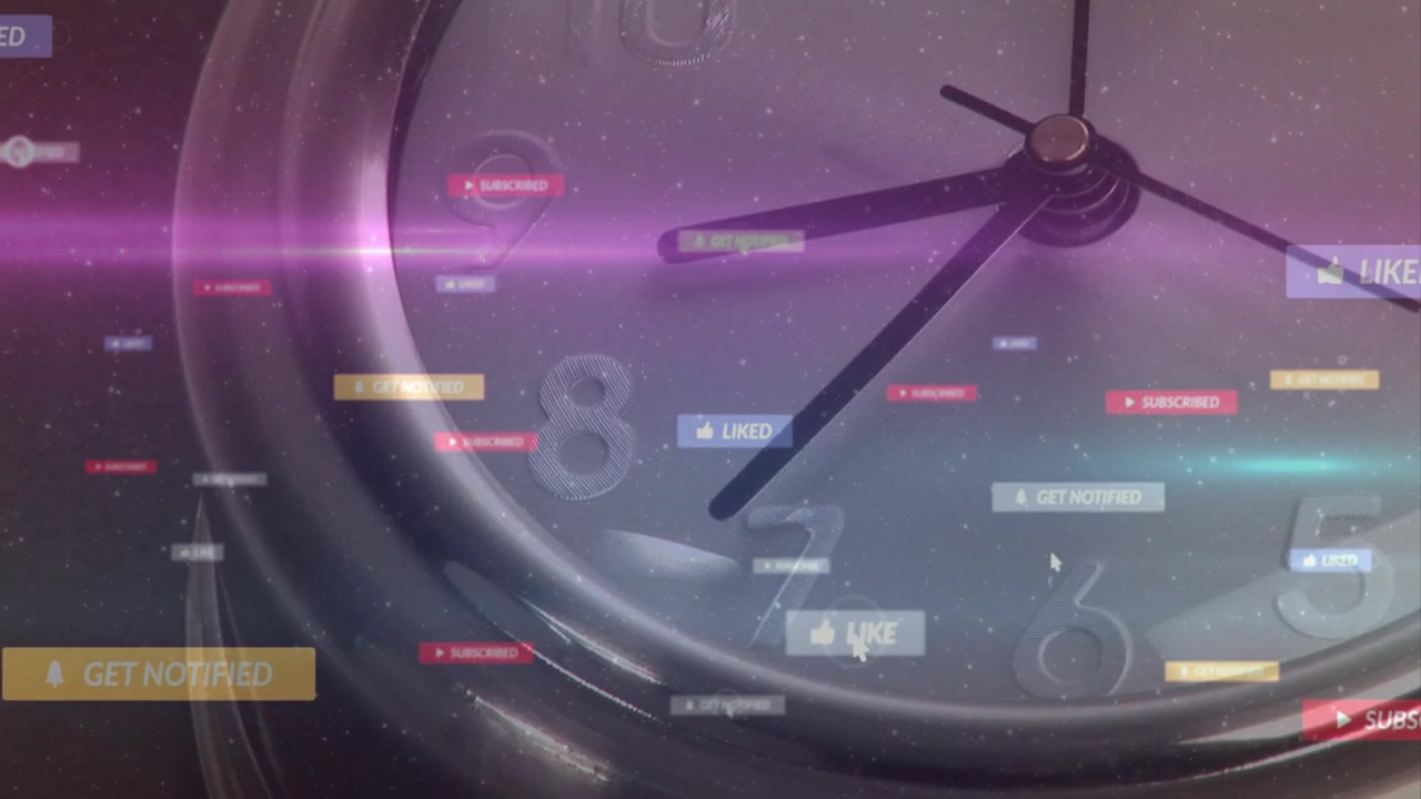 Left badges spawning and drifting across alarm clock, peaking then fading, revealing time passing
