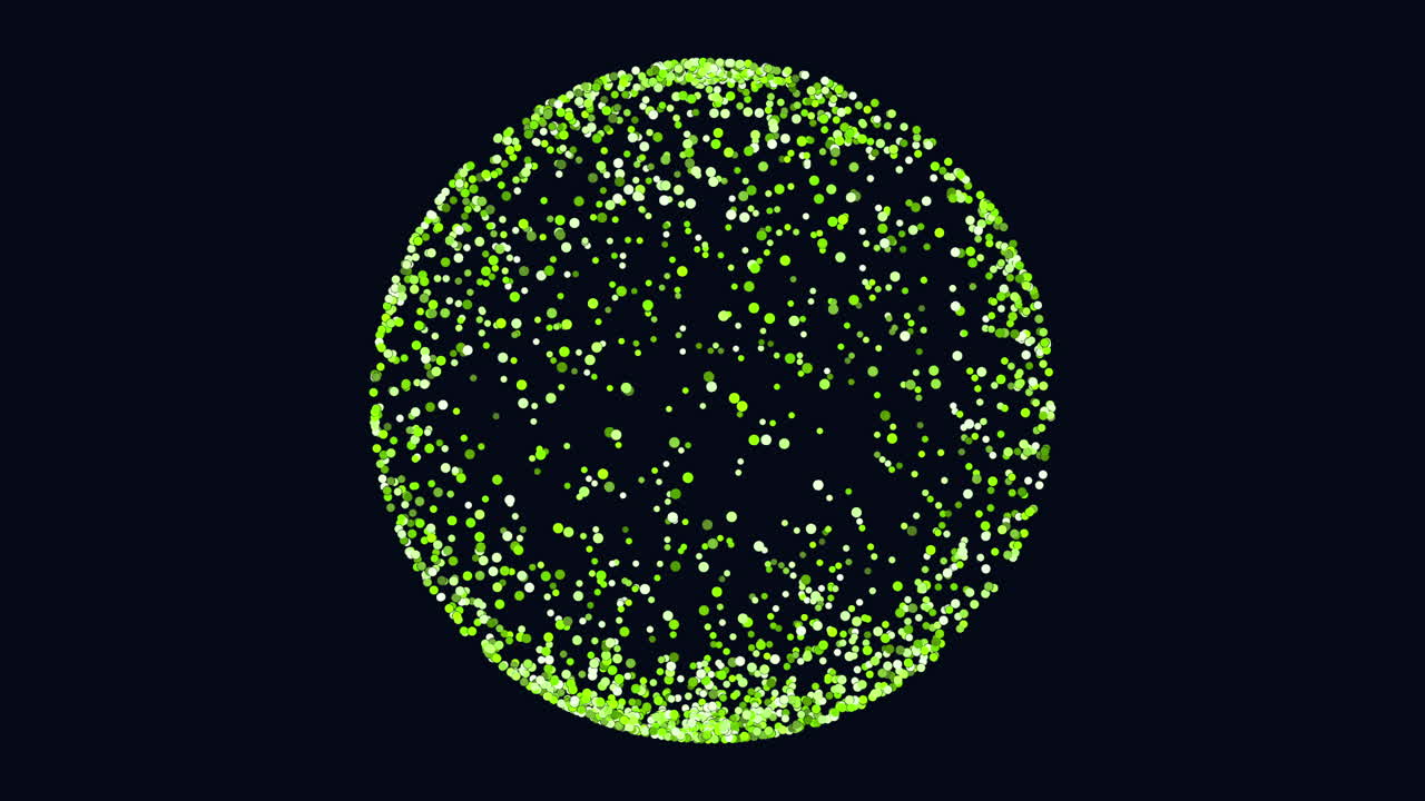 A spherical structure composed of small green dots against a black background, showcasing a circular arrangement with varying sizes of dots, lacks clear context or purpose