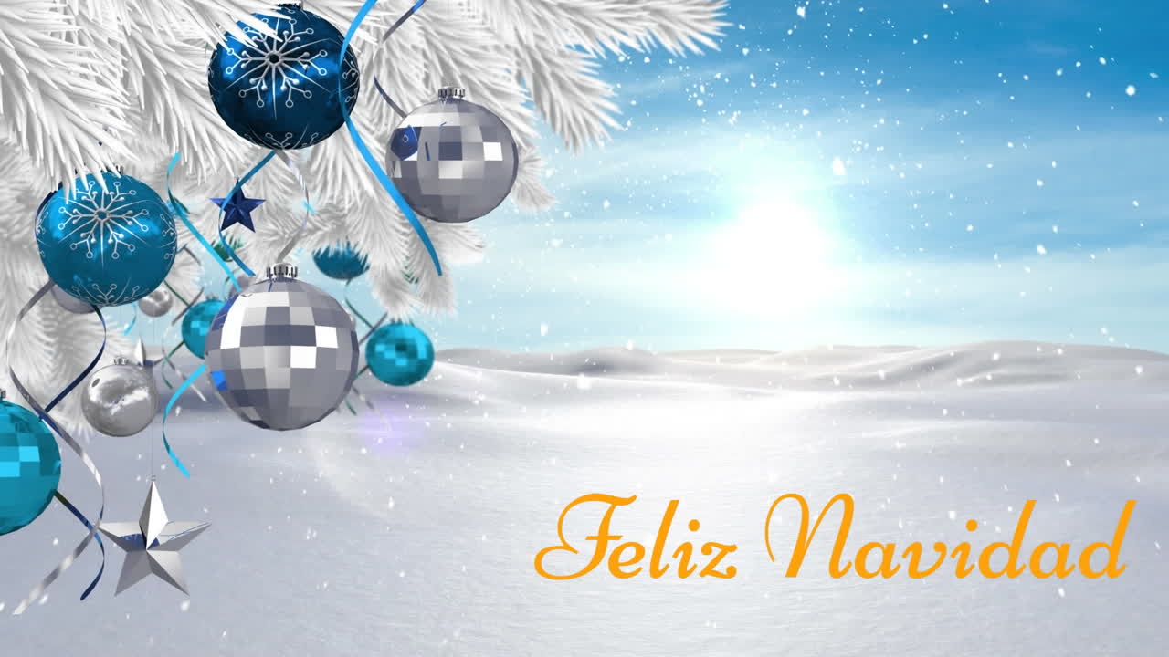 animación de nieve cayendo sobre feliz navidad pancarta de texto y decoraciones colgadas en la rama del árbol
