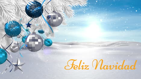 Animation-of-snow-falling-over-feliz-navidad-text-banner-and-hanging-decorations-on-tree-branch