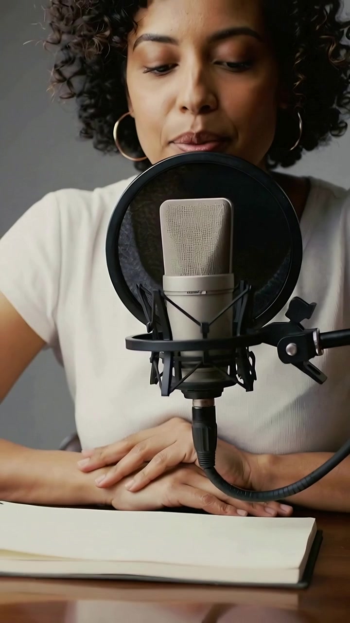 Lodret video: Vært forbereder sig og justerer mikrofon og popfilter i et studie for at optage podcast.