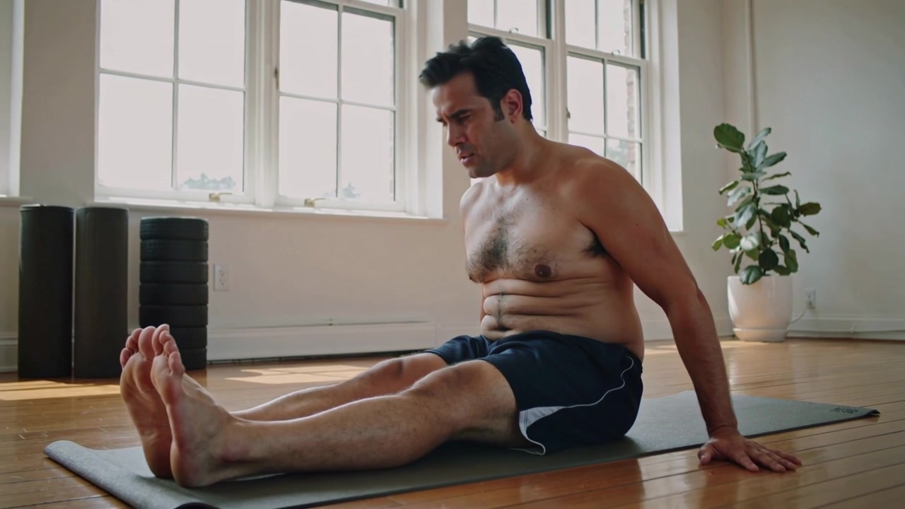 Uomo a torso nudo che inspira, con pantaloncini blu navy, che attiva il core per la mobilità su un tappetino da yoga in studio