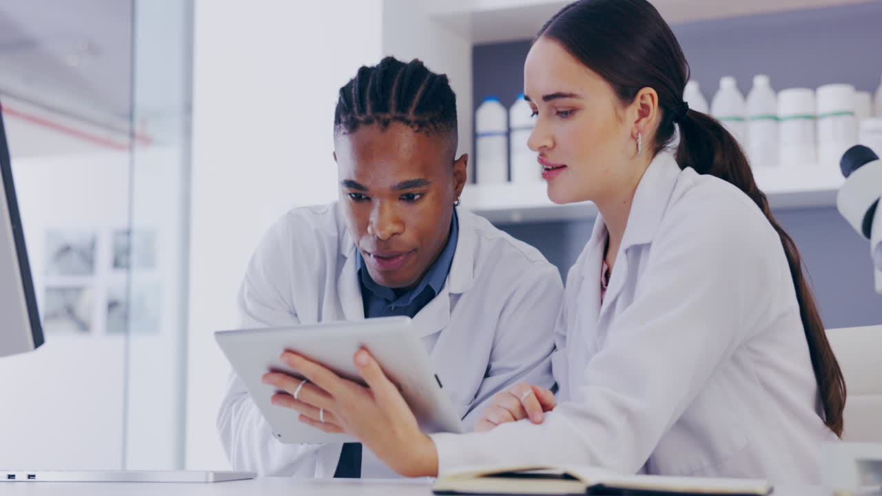 Science, digital tablet and colleagues doing