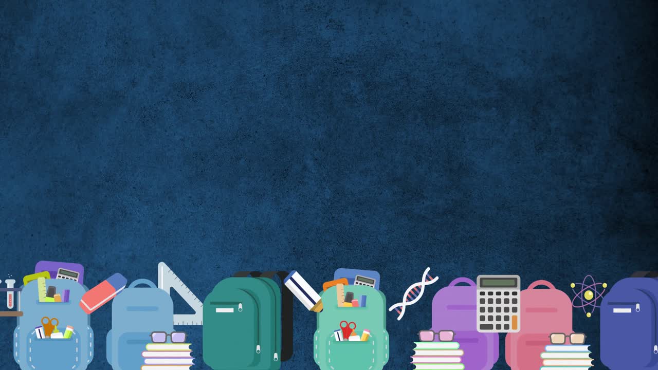 디지털 다채로운 학교 자료의 애니메이션은 파란색 배경에 배열로 움직입니다.