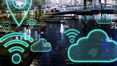 animación de nubes digitales e iconos que vuelan sobre el paisaje urbano
