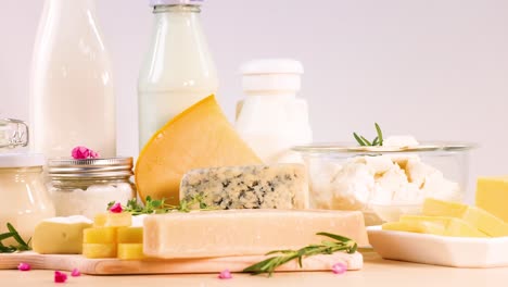 assorted dairy products on wooden background