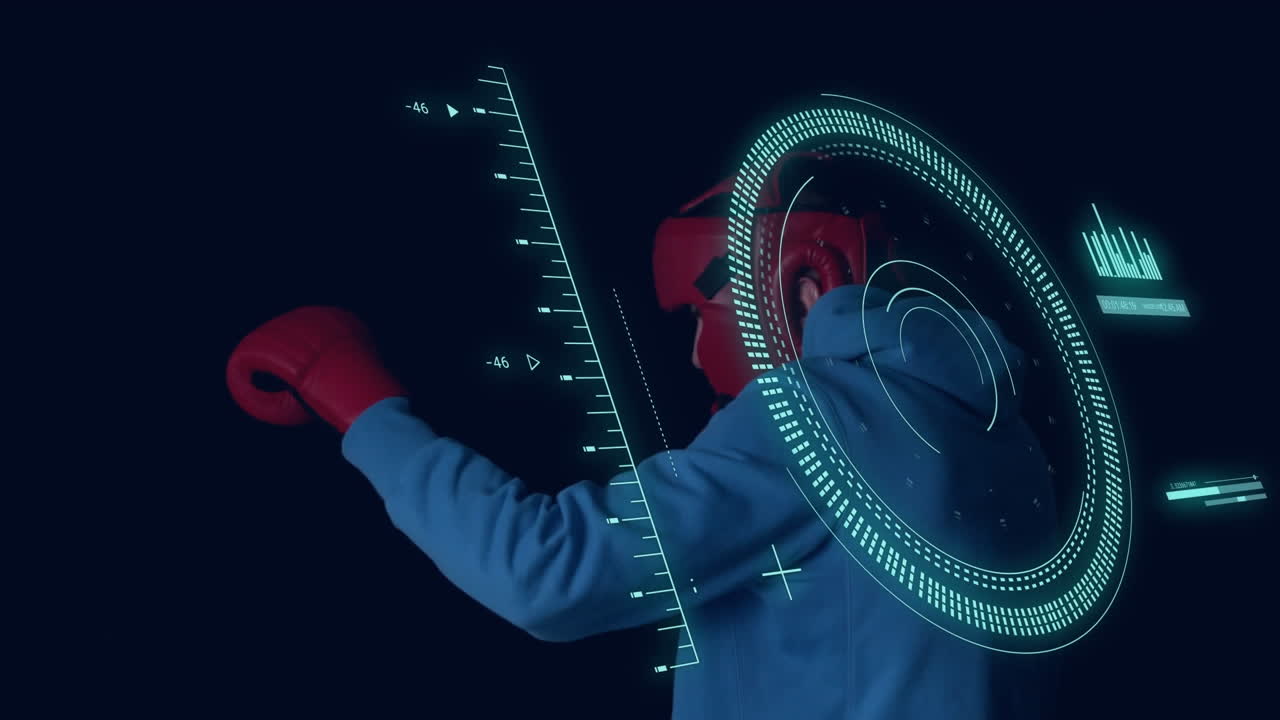 animación de procesamiento de datos y escaneo de alcance sobre el boxeador caucásico