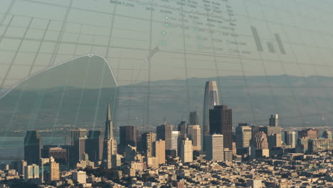 animation of statistics and data processing over cityscape