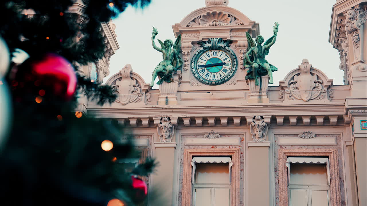 Monte Carlo , Monaco -December 23, 2024: Close up of decorations on a Christmas tree in front of the Monte Carlo Casino