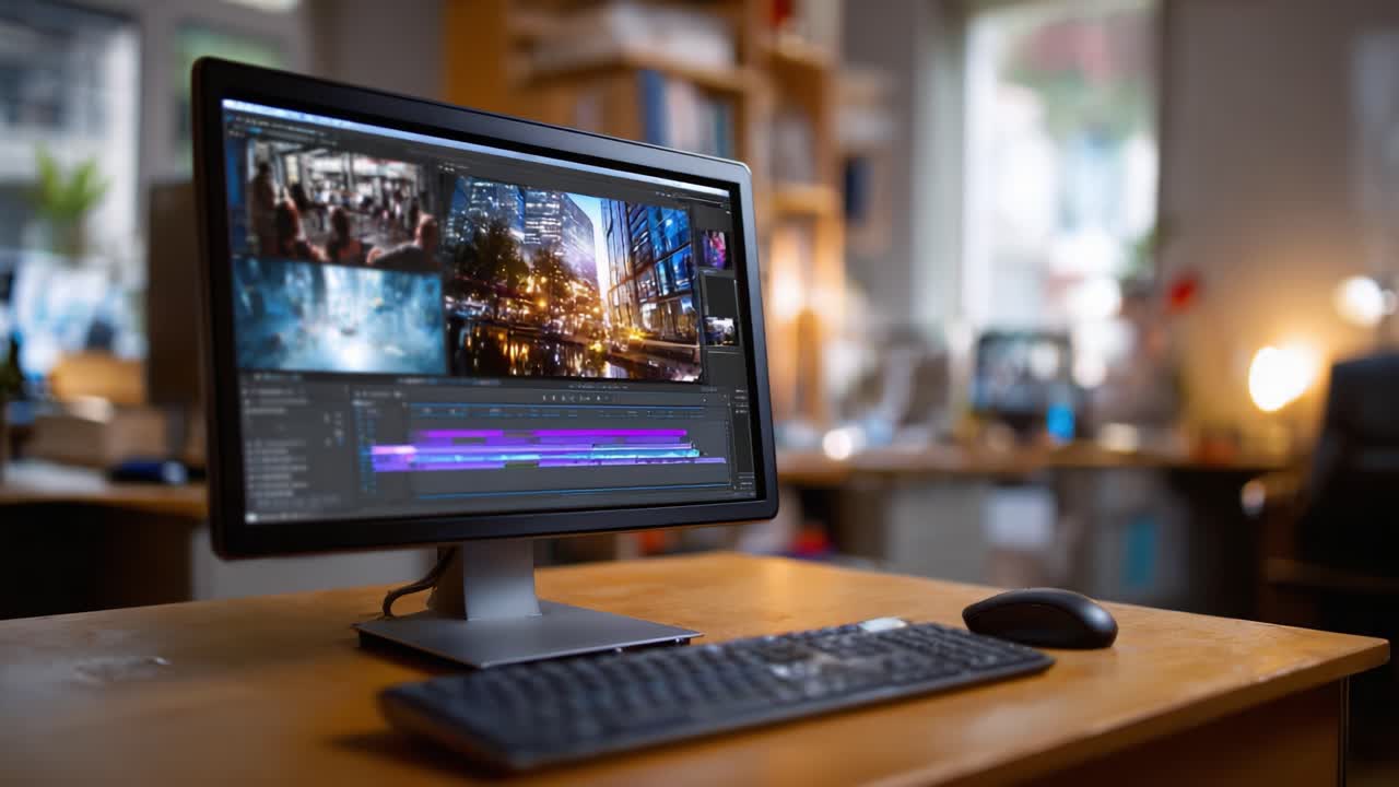 Un'elegante workstation desktop che mostra un software di editor di video in azione, enfatizzando le vivaci immagini del paesaggio urbano e gli strumenti di produzione multimediale in un ambiente creativo