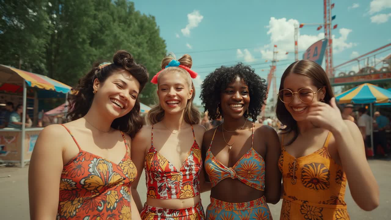 Strolling into sunny carnival, four friends draping arms, chatting and laughing by game booths