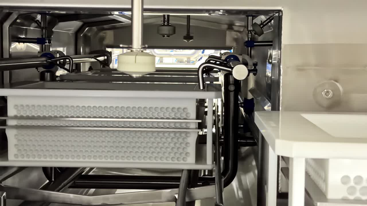 Industrial machinery interior with metal components in motion