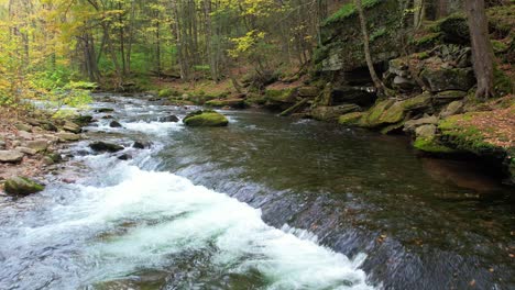 stunning low drone footage of stunning, mossy autumnal woodland stream deep in the mountains